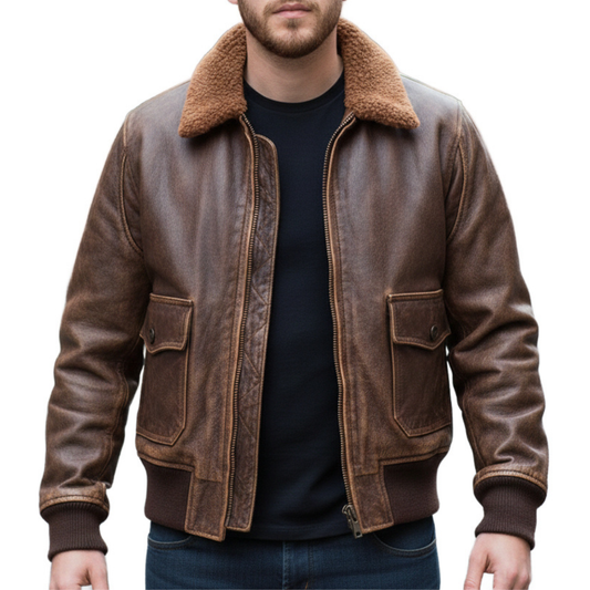 Mens Brown Sheepskin Leather Fur Collar Bomber Jacket