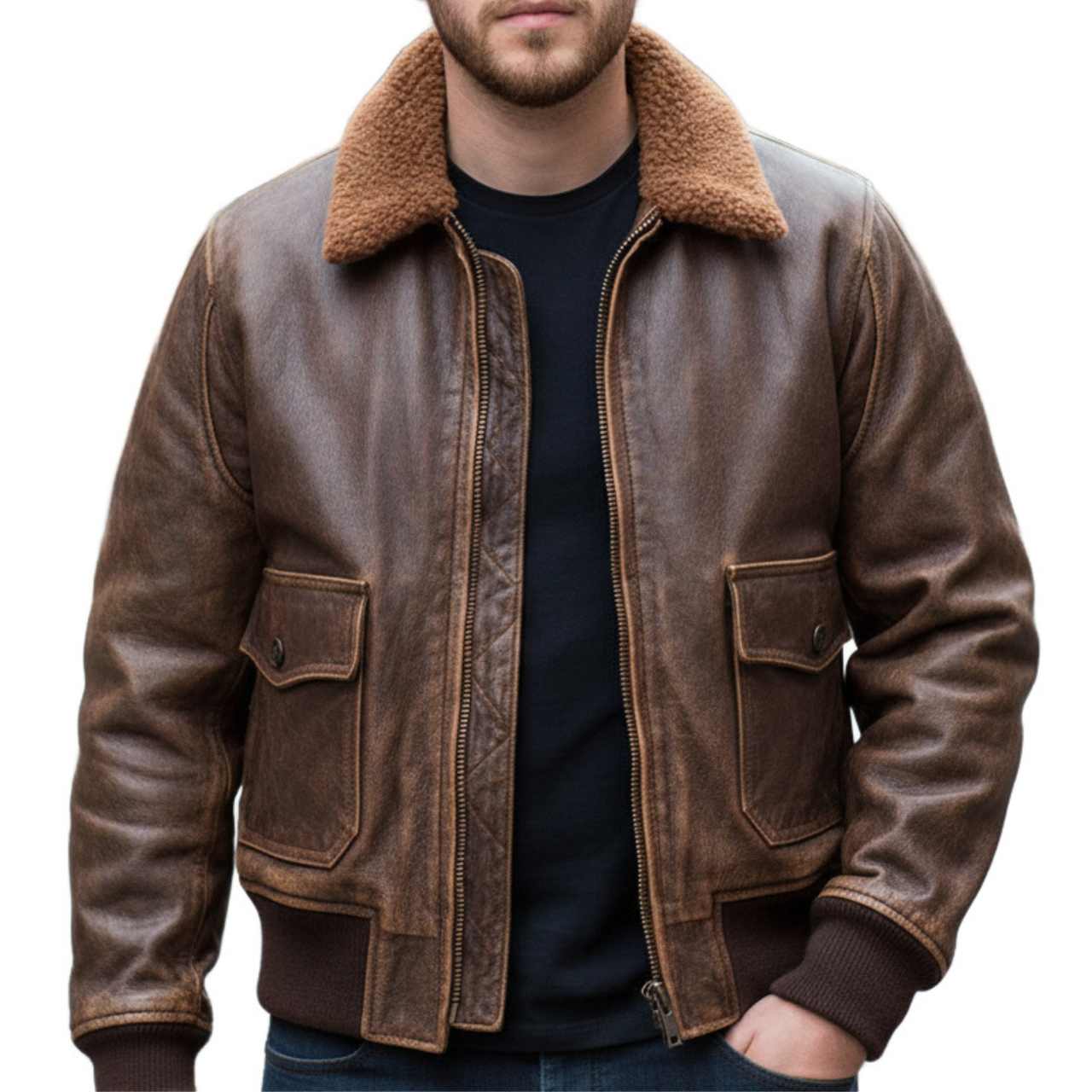 Mens Brown Sheepskin Leather Fur Collar Bomber Jacket