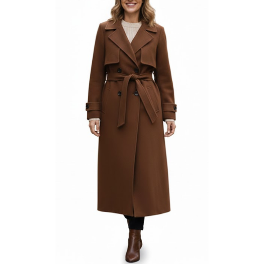 Women’s Brown Premium Wool Double-Breasted Long Trench Coat