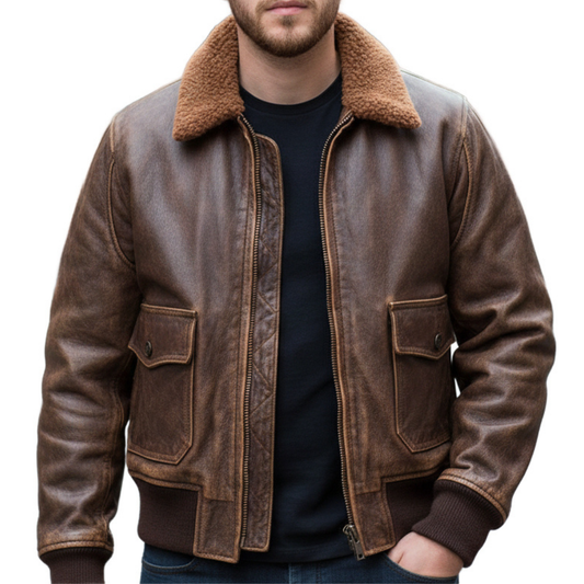 Mens Brown Sheepskin Leather Fur Collar Bomber Jacket