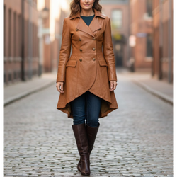 Women's Brown Sheepskin Leather Double-Breasted Style Pea Coat