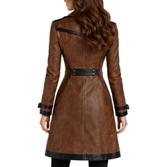Women’s Vintage Brown Sheepskin Leather Long Overcoat