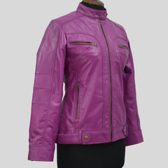 Women's Pink Genuine Lambskin Cafe Racer Leather Jacket