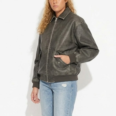 Womens Distressed Black Leather Jacket - Vintage Style Aviator Bomber Coat - Winter Coat