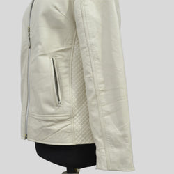 Women's Beige Quilted Cafe Racer Genuine Lambskin Leather Jacket