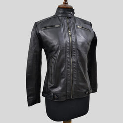 Women's Black Genuine Lambskin Cafe Racer Leather Jacket