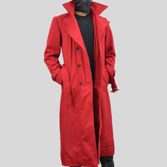 Men's Double-Breasted Red Long Genuine Wool Casual Belted Trench Coat