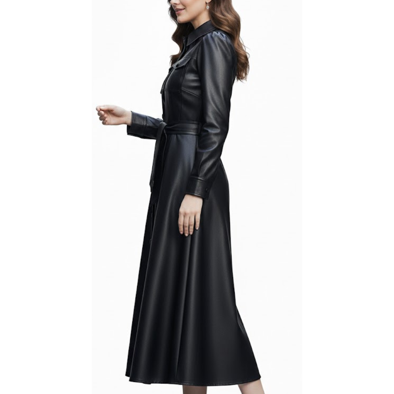 Women's Black Sheepskin Leather Belted Shirt Style Trench Coat Dress