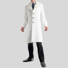 Men’s White Wool Trench Coat with Half-Belted Back