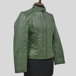 Women's Green Quilted Belted Collar Cafe Racer Leather Jacket