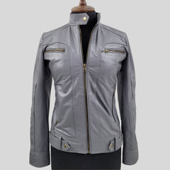 Women's Waxed Grey Genuine Lambskin Cafe Racer Leather Jacket