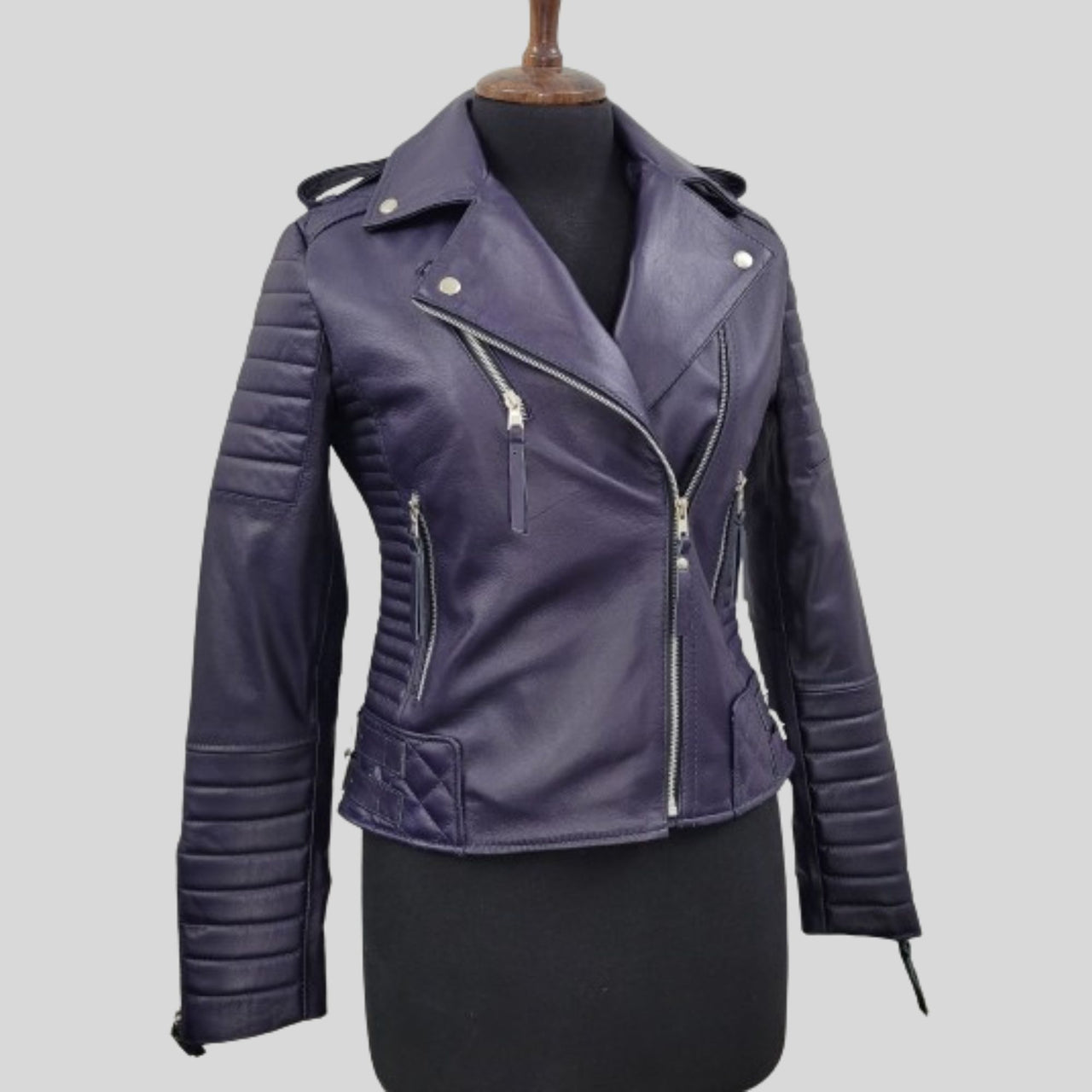 Women's Purple Quilted Motorcycle Genuine Lambskin Leather Biker Jacket