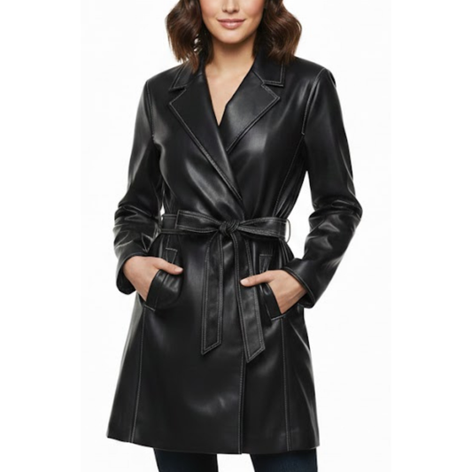 Women's Stylish Black Leatehr Belted Style Coat Blazer