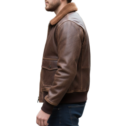 Mens Brown Sheepskin Leather Fur Collar Bomber Jacket