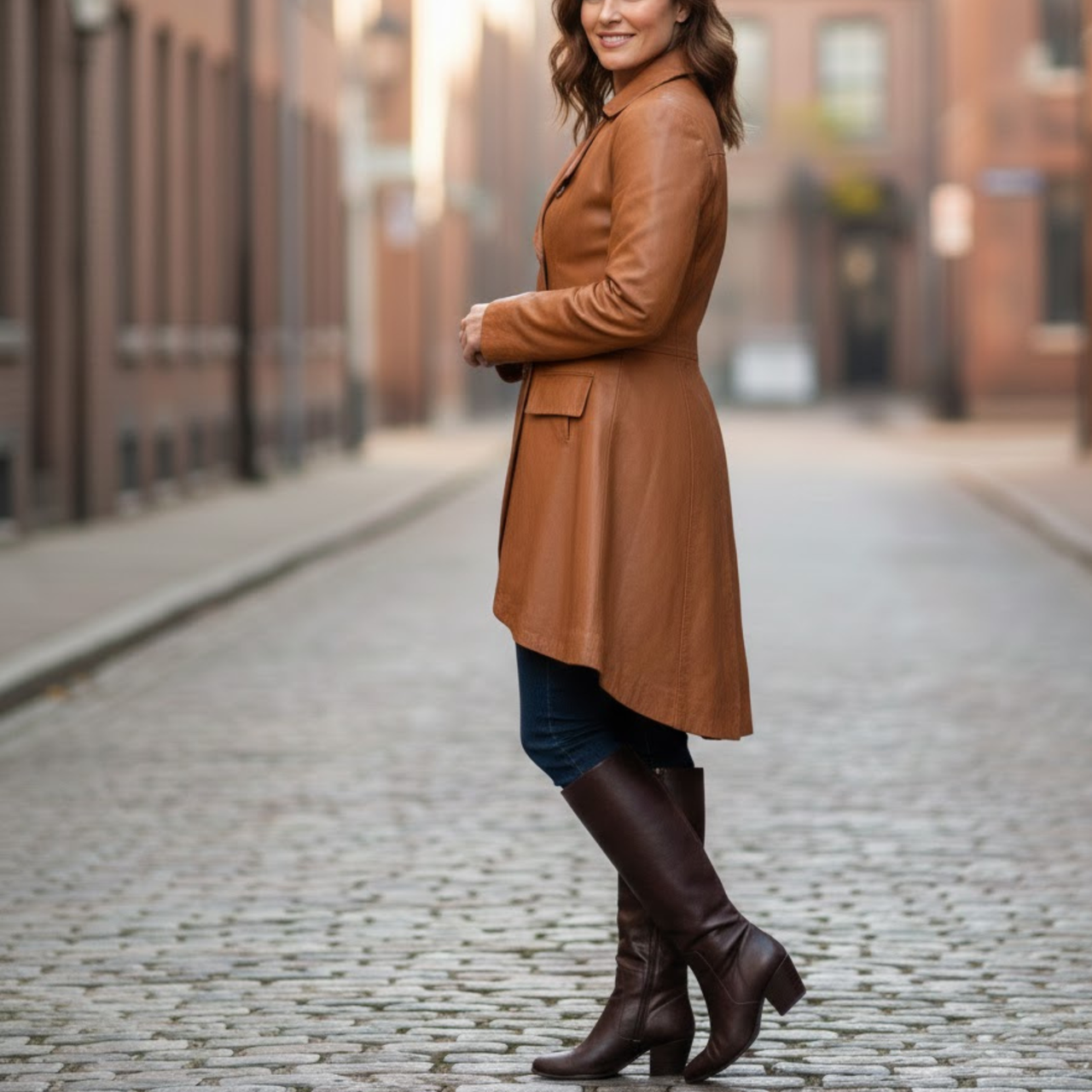 Women's Brown Sheepskin Leather Double-Breasted Style Pea Coat