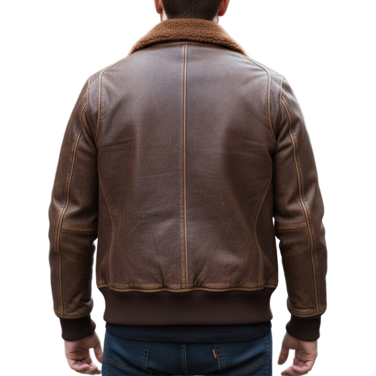 Mens Brown Sheepskin Leather Fur Collar Bomber Jacket