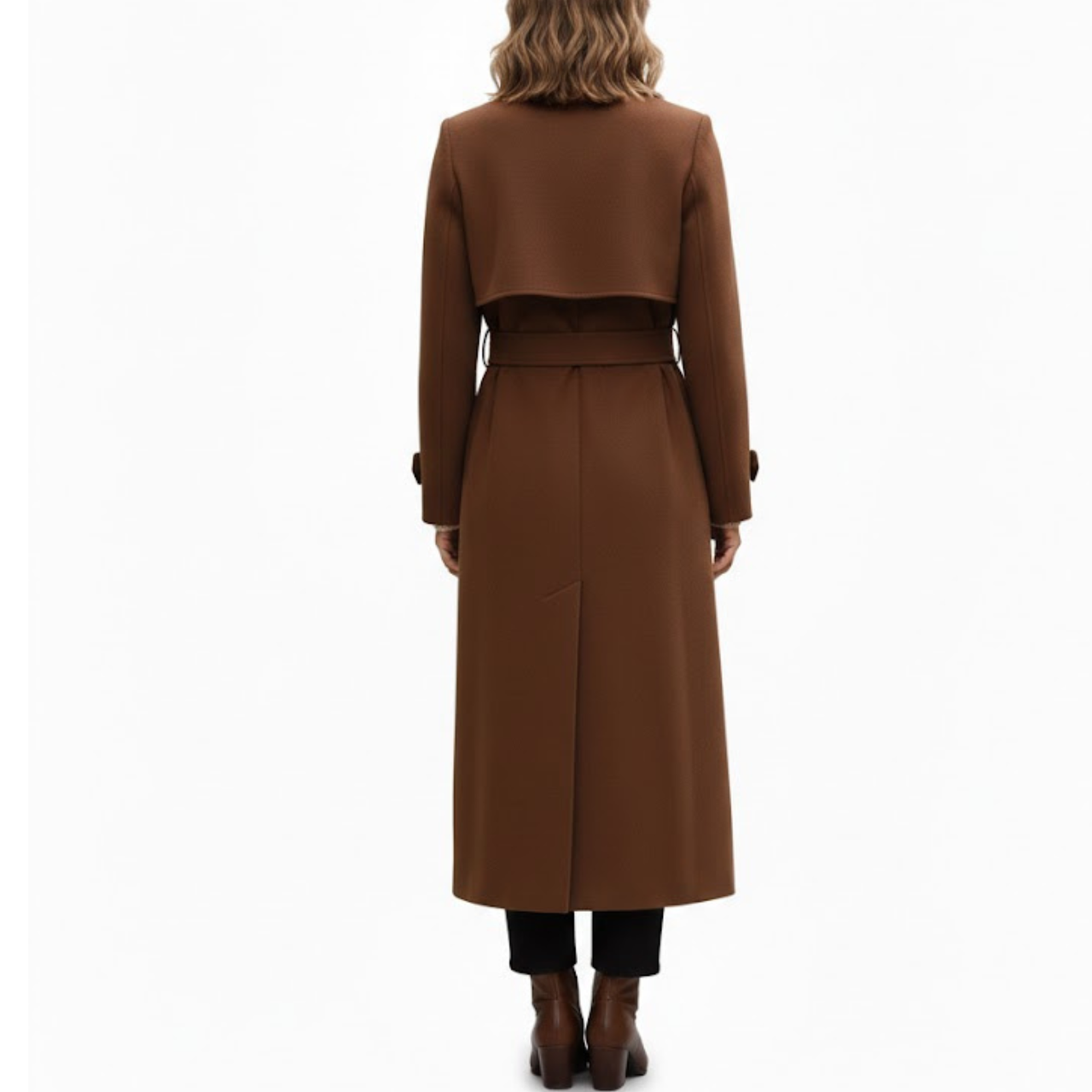 Women’s Brown Premium Wool Double-Breasted Long Trench Coat