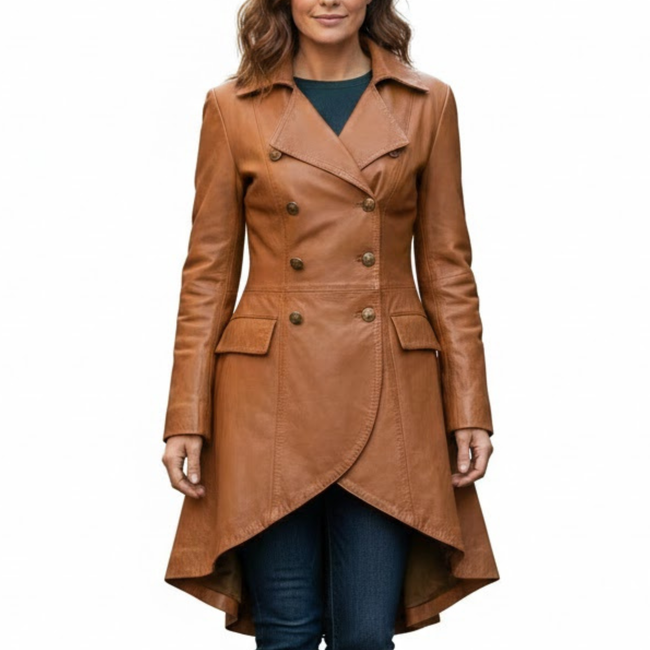 Women's Brown Sheepskin Leather Double-Breasted Style Pea Coat