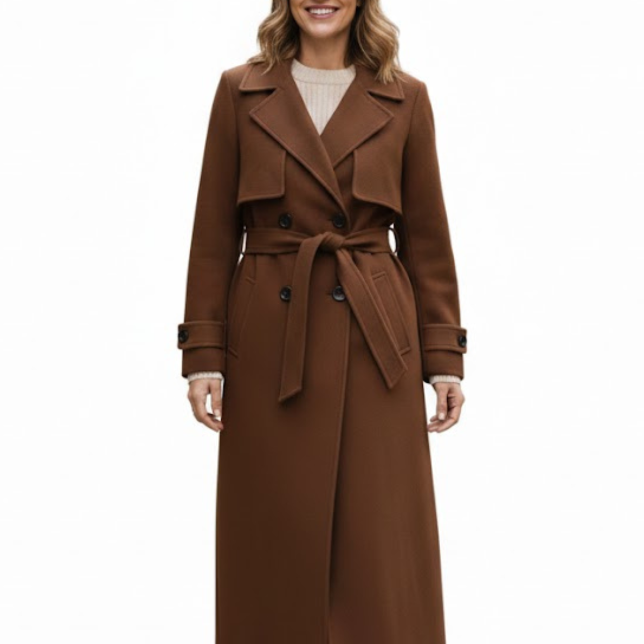 Women’s Brown Premium Wool Double-Breasted Long Trench Coat