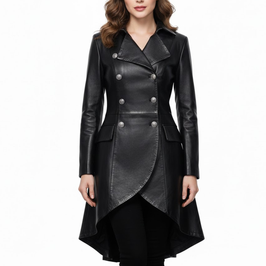 Women's Black Sheepskin Leather Double-Breasted Style Pea Coat