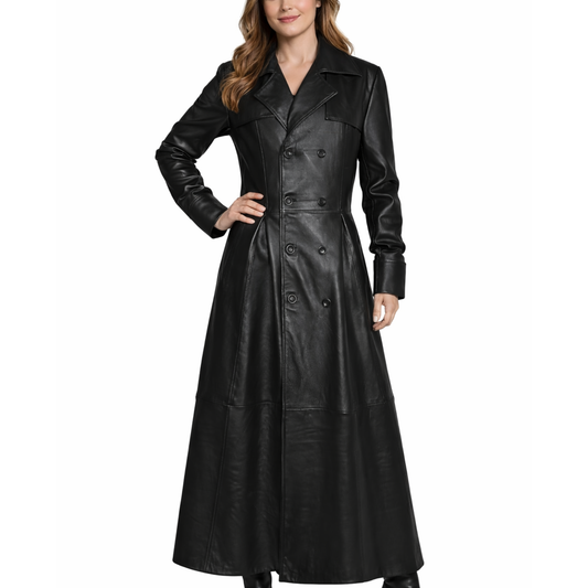 Womens Black Leather Double Breasted Long Trench Coat