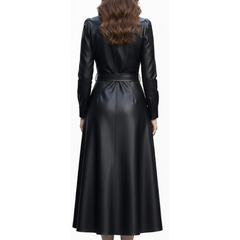 Women's Black Sheepskin Leather Belted Shirt Style Trench Coat Dress