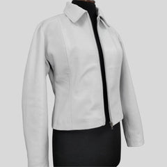 Women White Shirt Collar Designer Ladies Leather Jacket