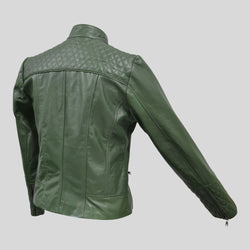 Women's Green Quilted Belted Collar Cafe Racer Leather Jacket