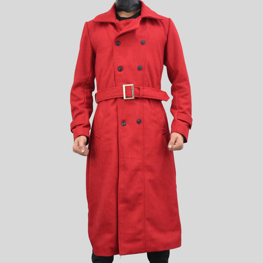 Men's Double-Breasted Red Long Genuine Wool Casual Belted Trench Coat
