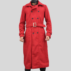 Men's Double-Breasted Red Long Genuine Wool Casual Belted Trench Coat