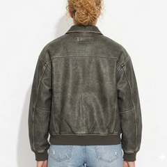 Womens Distressed Black Leather Jacket - Vintage Style Aviator Bomber Coat - Winter Coat