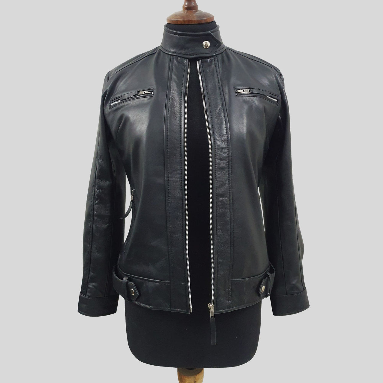 Women's Black Genuine Lambskin Cafe Racer Leather Jacket