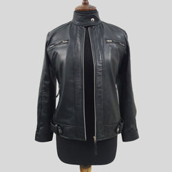 Women's Black Genuine Lambskin Cafe Racer Leather Jacket