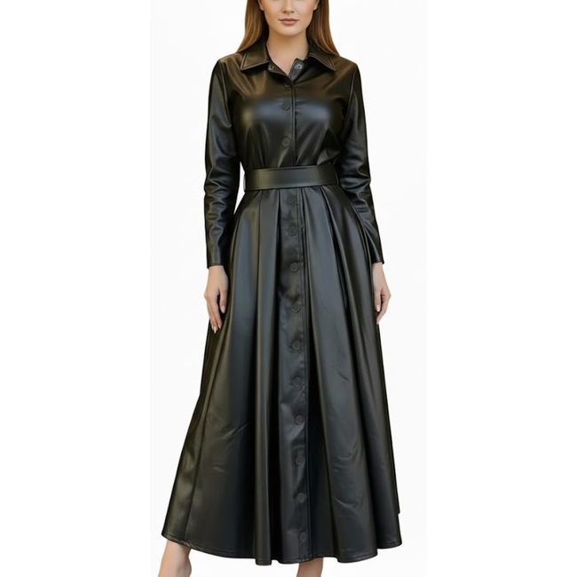 Women's Black Sheepskin Leather Belted Style Dress Outfit Trench Coat