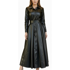 Women's Black Sheepskin Leather Belted Style Dress Outfit Trench Coat