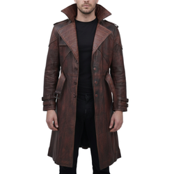 Mens Brown Vintage Leather Gambit Weathered Trench Coat