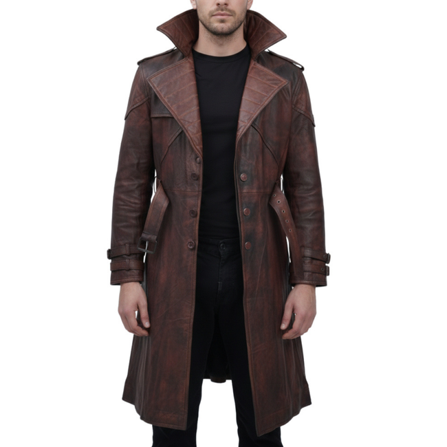 Mens Brown Vintage Leather Gambit Weathered Trench Coat