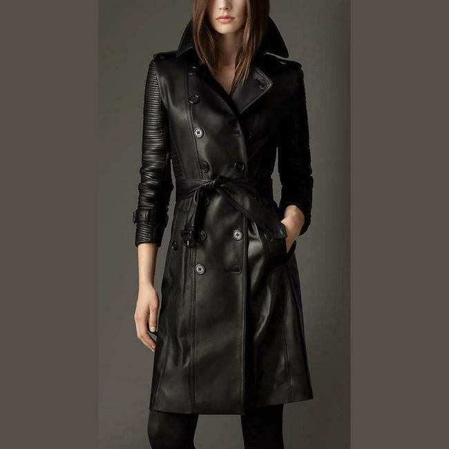 Women's Double-Breasted Black Designer Real Lambskin Leather Belted Trench Coat