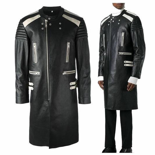 Men's Padded White Black Long Length Genuine Leather Coat