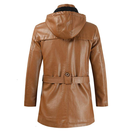 Men's Hooded Mid-Length Belted Genuine Sheepskin Leather Jacket
