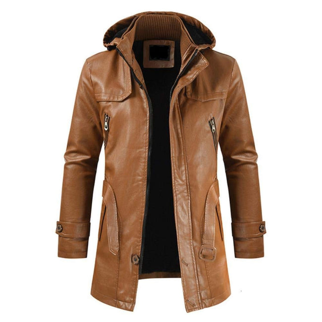 Men's Hooded Mid-Length Belted Genuine Sheepskin Leather Jacket