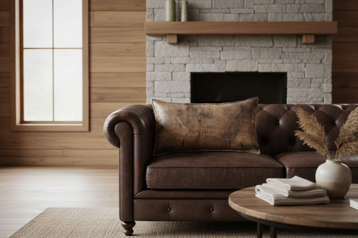 A dark brown leather Chesterfield sofa in a rustic living room setting with a brick fireplace, wood-paneled walls, and a round coffee table in the foreground.