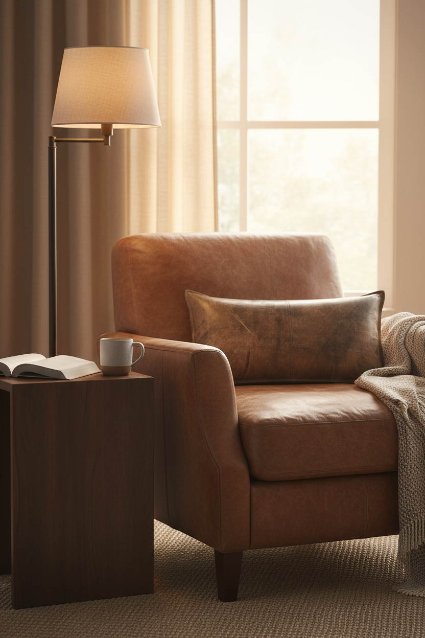 A warm brown leather armchair in a cozy living room setting, styled with a matching leather pillow, a wooden side table with an open book and mug, a floor lamp, and a window with soft sunlight.