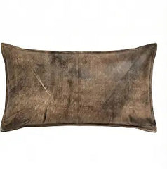 A rectangular lumbar throw pillow in distressed brown leather with a central seam, shown against a plain white background.