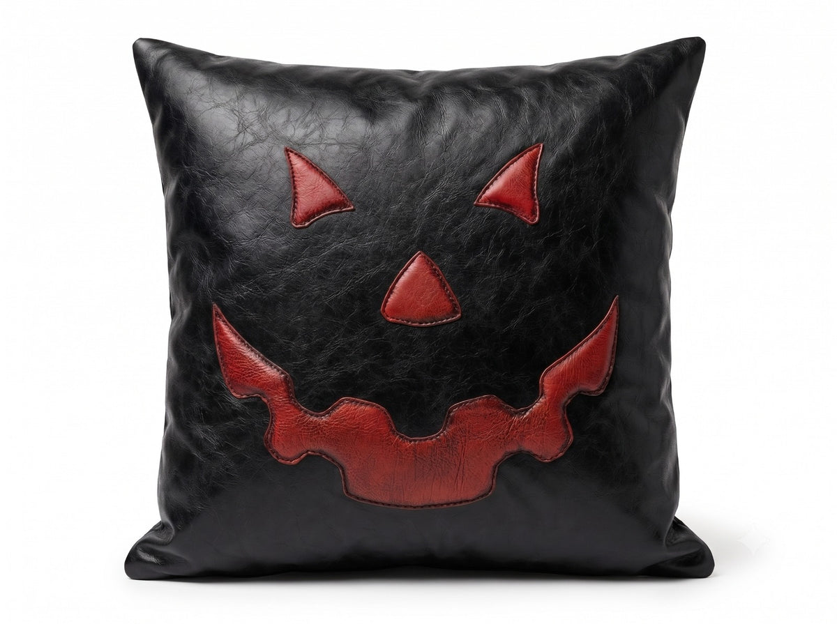 A square black -leather throw pillow featuring a red stitched jack-o'-lantern face design on the front, set against a plain white background.