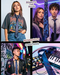 A four-panel promotional collage featuring young models wearing tie-and-shirt outfits, with a close-up of a keyboard and ribbon accessory. Text overlays read 'Rewrite the Rules' and 'Authenticity > Everything.