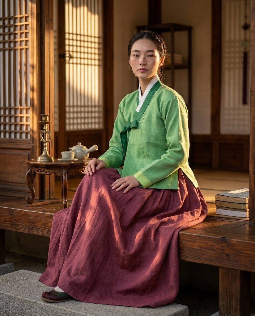 A woman wearing a traditional Korean Hanfu outfit with a light green top and a dusty rose skirt, sitting on a wooden bench in a sunlit traditional room.