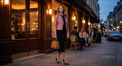 A woman walks along a city sidewalk in front of a Parisian-style restaurant, wearing a pink leather jacket, black dress, and carrying a tan handbag.