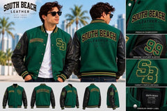 A collage showing a man modeling a South Beach Leather varsity jacket from the front and back, with close-up detail panels on the right. The jacket is green with black leather sleeves and trim, gold lettering, and a gold-and-black 'SB' monogram.
