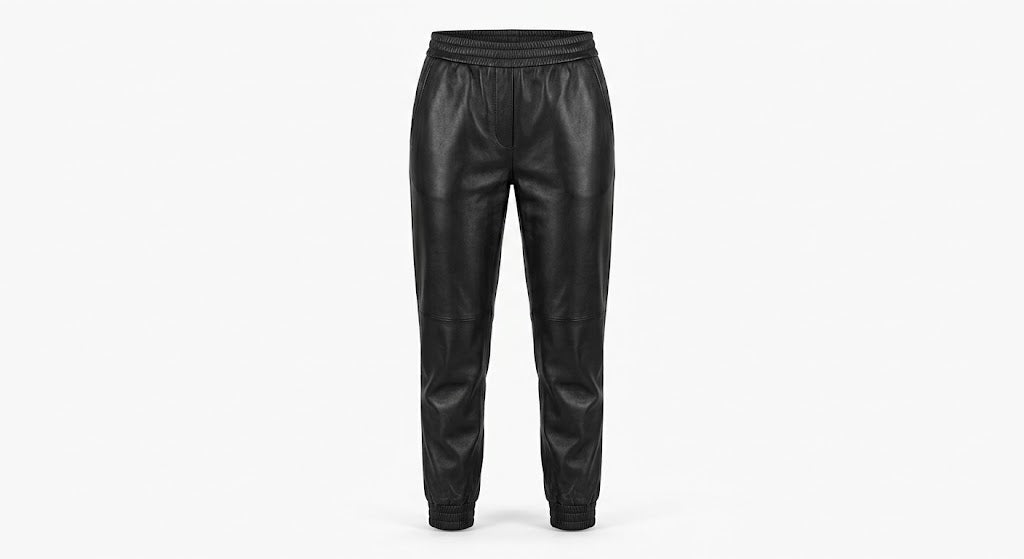 Black faux leather jogger pants with an elastic waistband, shown on a plain white background.